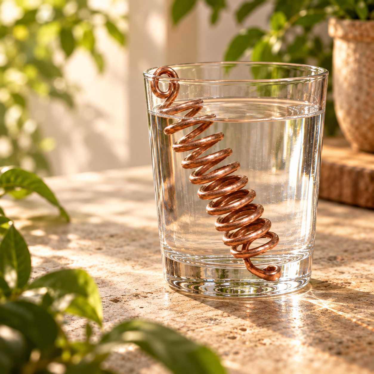 Copper Spring Awakening copper spiral wand resting at an angle inside a glass of water