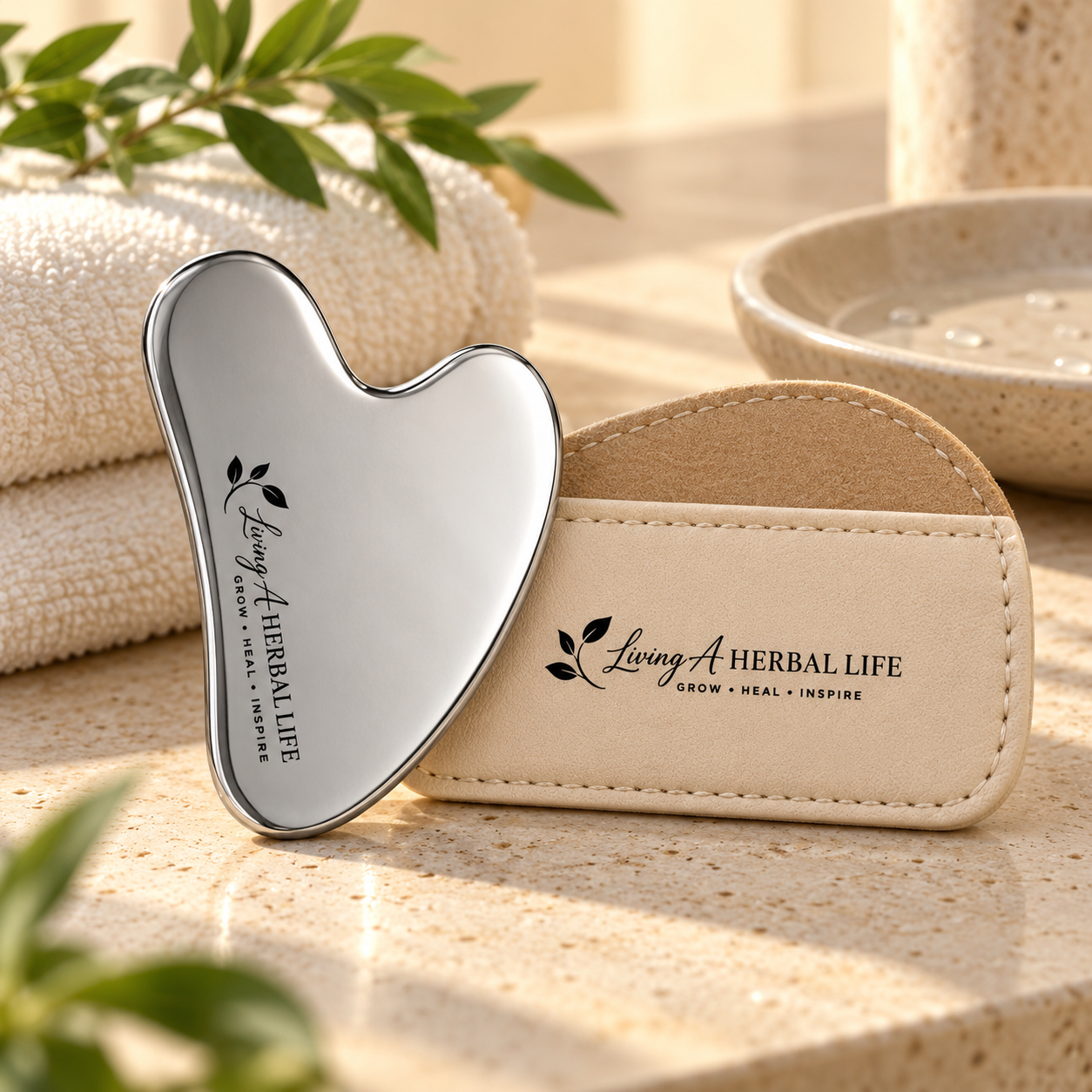 Living A Herbal Life stainless steel Gua Sha facial sculpting tool with its beige storage case