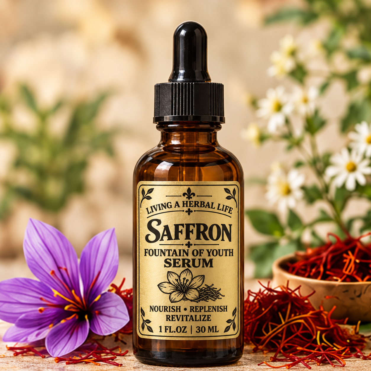 Living A Herbal Life Saffron Fountain of Youth Serum with saffron flower and saffron threads