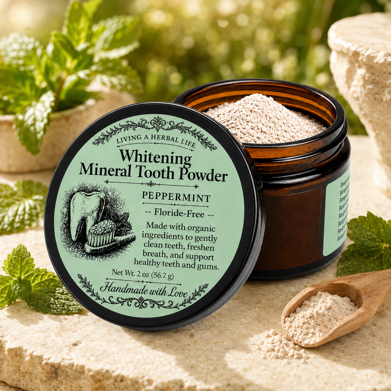 Living A Herbal Life Whitening Mineral Tooth Powder with peppermint leaves and a wooden scoop
